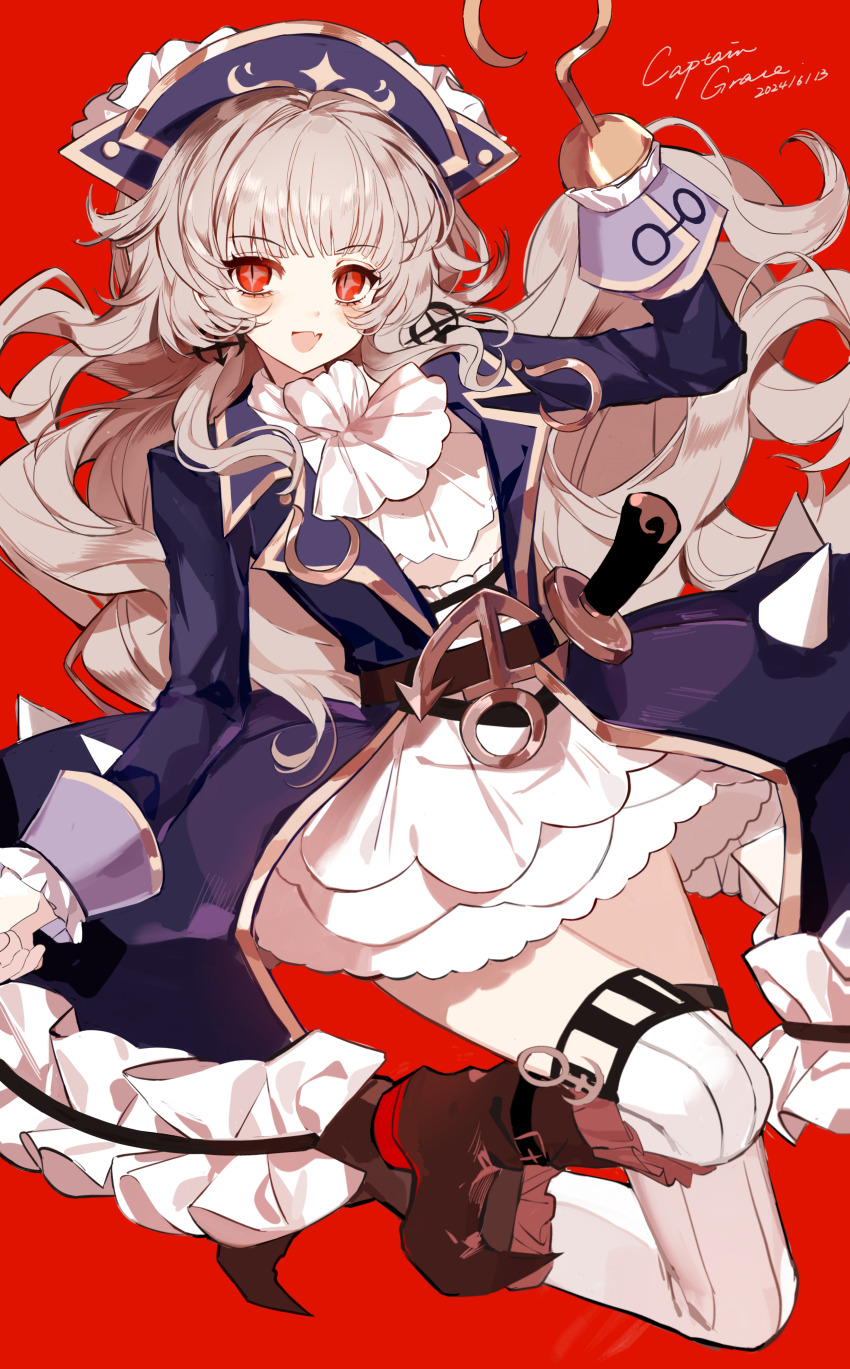 1girl, :d, absurdres, ascot, belt, blue_coat, blue_hat, boots, brown_boots, captain_grace, character_name, coat, dated, earrings, frilled_coat, frills, full_body, hand_up, hat, highres, hook_hand, jewelry, light_brown_hair, long_hair, looking_at_viewer, mahou_shoujo_ikusei_keikaku, open_mouth, pirate_hat, red_background, red_eyes, signature, simple_background, skirt, slit_pupils, smile, solo, sword, thighhighs, wavy_hair, weapon, wei_er_chenxing, white_ascot, white_skirt, white_thighhighs