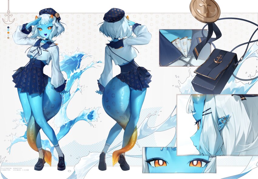 1girl, absurdres, anchor_symbol, bag, black_shoes, blue_hat, blue_skin, blue_skirt