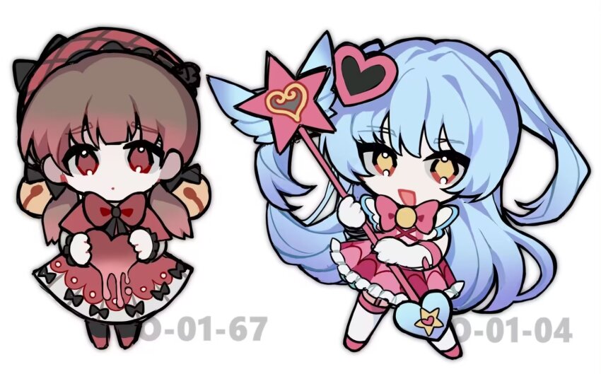 1005nemui, 2girls, black_bow, blue_hair, bow, capelet, chibi, chinese_commentary