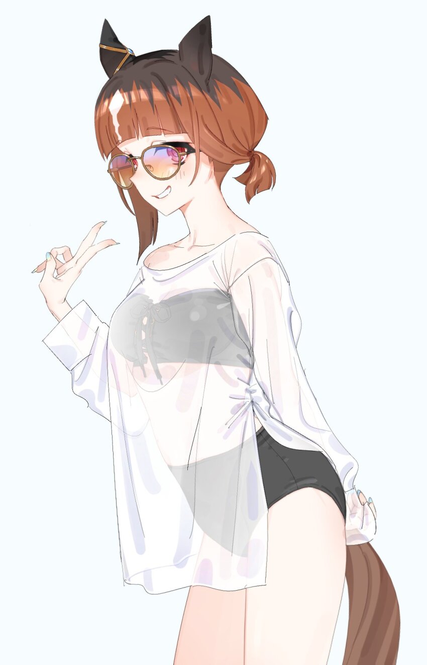 1girl, animal_ears, arm_behind_back, bikini, black_bikini, black_hair, blush, breasts, brown_hair, cowboy_shot, ear_covers, glasses, grin, hand_up, highres, horse_ears, horse_girl, horse_tail, long_sleeves, looking_at_viewer, multicolored_hair, ningen3333, ponytail, red_eyes, round_eyewear, see-through_clothes, see-through_shirt, shirt, short_hair, short_ponytail, simple_background, single_ear_cover, small_breasts, smile, solo, standing, swimsuit, tail, transcend_(umamusume), two-tone_hair, umamusume, v, white_background, white_shirt