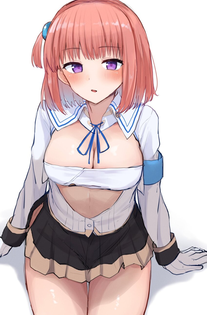 1girl, armband, arms_at_sides, black_skirt, blue_armband, blue_ribbon, blush, breasts