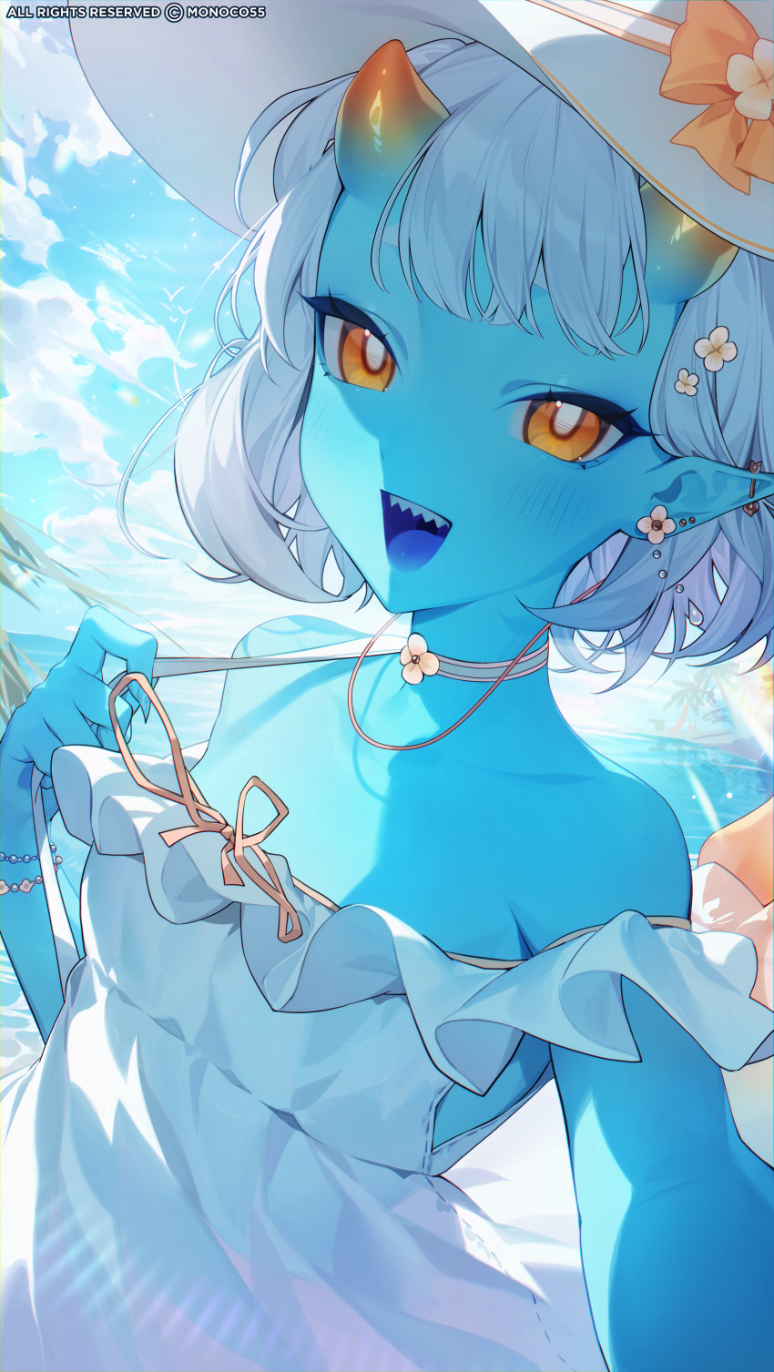 1girl, absurdres, bare_shoulders, blue_skin, colored_skin, dress, ear_piercing, hat