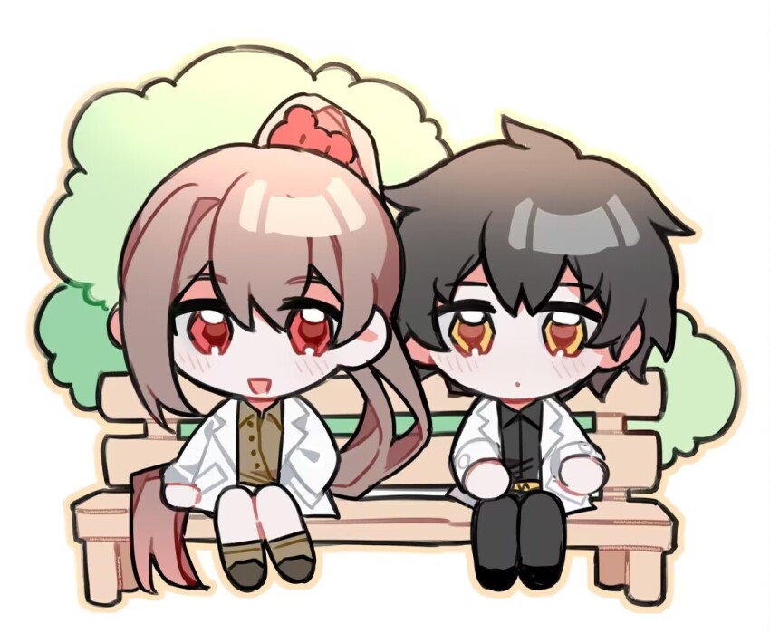 1005nemui, 1boy, 1girl, ayin_(project_moon), bear_hair_ornament, bench, black_footwear, black_hair, black_pants, black_shirt, blush, brown_shirt, carmen_(project_moon), chibi, closed_mouth, coat, collared_shirt, hair_ornament, lab_coat, lobotomy_corporation, long_sleeves, open_mouth, pants, project_moon, red_eyes, shirt, shoes, smile, white_coat, wing_collar, yellow_eyes