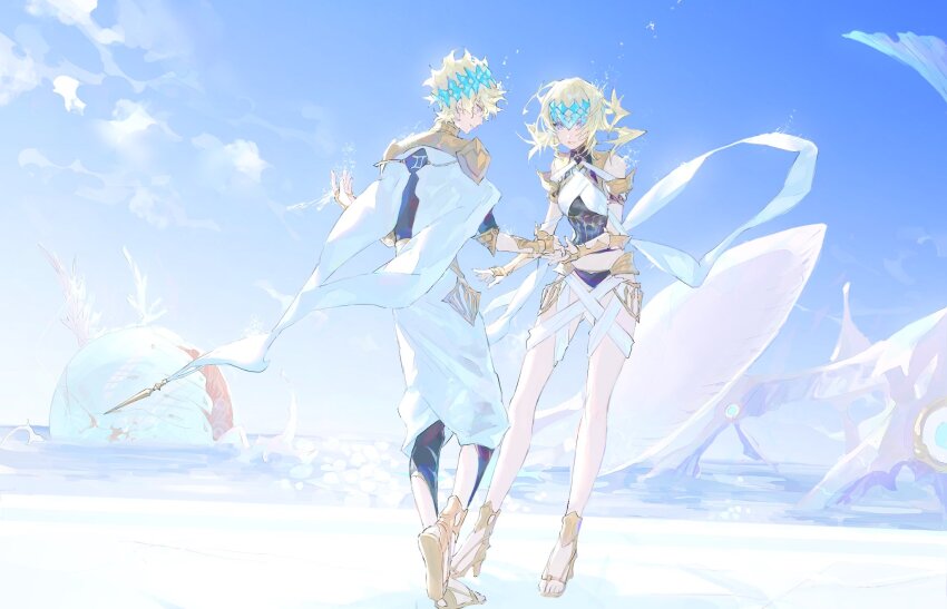 1boy, 1girl, aphrodite_(fate), aphrodite_(machine_god)_(fate), armlet, armor, bare_shoulders, bikini