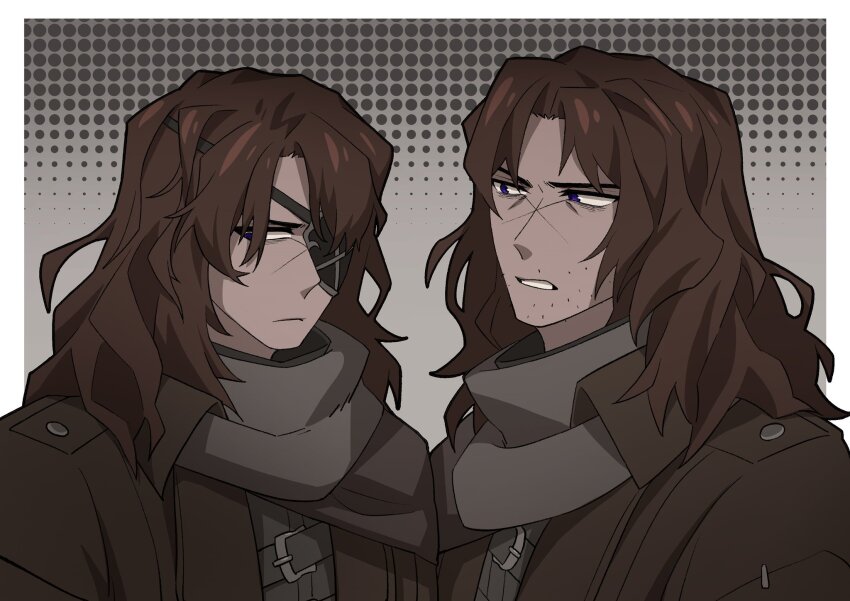 14_shizu, beard_stubble, brown_jacket, chinese_commentary, clenched_teeth, commentary, dark-skinned_male, dark_skin