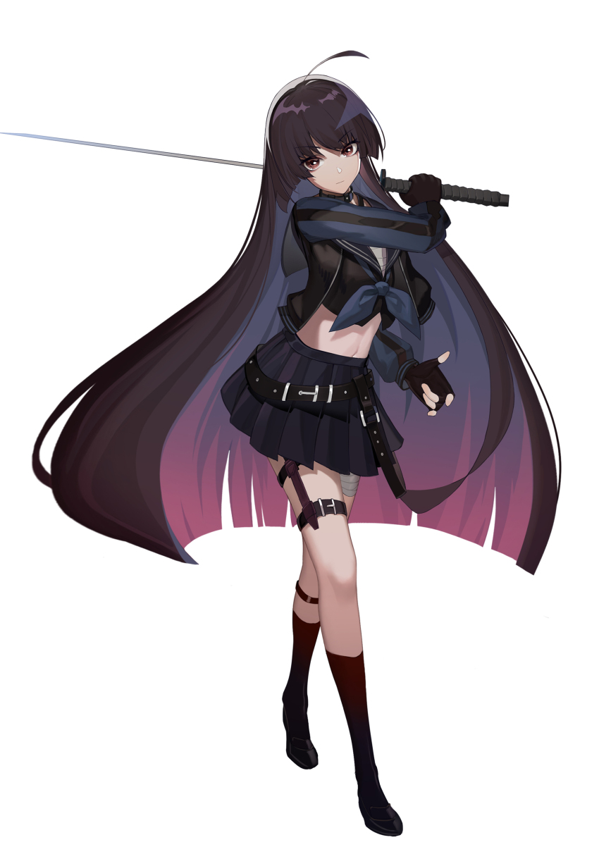 1girl, absurdres, ahoge, bandaged_leg, bandages, belt, black_choker, black_gloves, black_hair, black_jacket, black_sailor_collar, black_skirt, black_socks, blue_neckerchief, blunt_bangs, breasts, choker, crop_top, fingerless_gloves, forever_7th_capital, full_body, gloves, hair_between_eyes, highres, holding, holding_sword, holding_weapon, jacket, jyuuku_(forever_7th_capital), katana, long_hair, long_sleeves, looking_at_viewer, loose_belt, medium_breasts, navel, neckerchief, red_eyes, sailor_collar, skirt, socks, solo, standing, sword, weapon, white_background, xie_wang