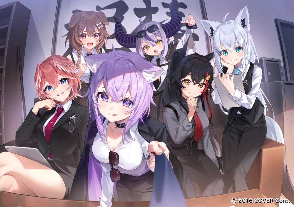 6+girls, ahoge, animal_collar, animal_ear_fluff, animal_ears, black_hair, black_horns, black_necktie