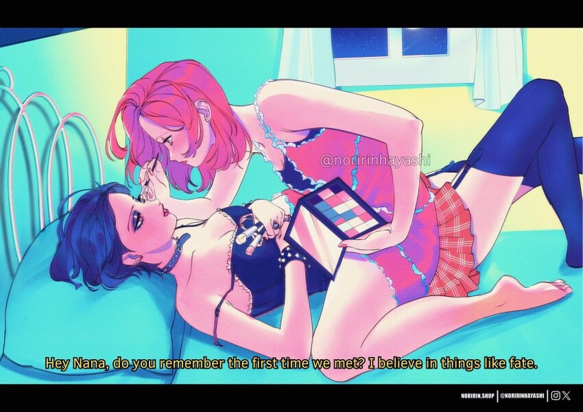 2girls, applying_another's_makeup, applying_makeup, artist_name, black_camisole, black_hair, black_thighhighs, bracelet, breasts, brown_hair, camisole, choker, cleavage, commentary, cosmetics, dress, earrings, english_commentary, english_text, frilled_camisole, frills, garter_straps, instagram_logo, jewelry, komatsu_nana, lesbians_doing_makeup_(meme), looking_at_another, lying, makeup, makeup_brush, makeup_palette, medium_hair, meme, multiple_girls, nana_(series), noririnhayashi, on_back, osaki_nana, paint_palette, pink_dress, plaid_clothes, plaid_skirt, red_skirt, short_dress, short_hair, skirt, spiked_bracelet, spiked_choker, spikes, subtitled, thighhighs, twitter_logo, twitter_username, yuri