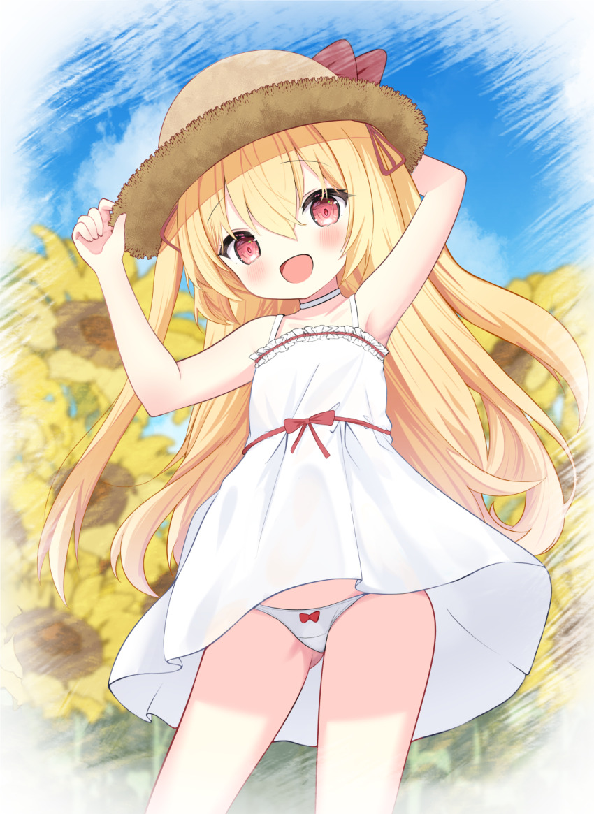 1girl, blonde_hair, blush, cloud, collarbone, dress, field, flower, flower_field, hair_between_eyes, hat, highres, irotoridori_no_sekai, loli, long_hair, looking_at_viewer, melenas_(twdy2773), nikaidou_shinku, open_mouth, panties, red_eyes, standing, straw_hat, sunflower, sunflower_field, underwear, white_dress, white_panties