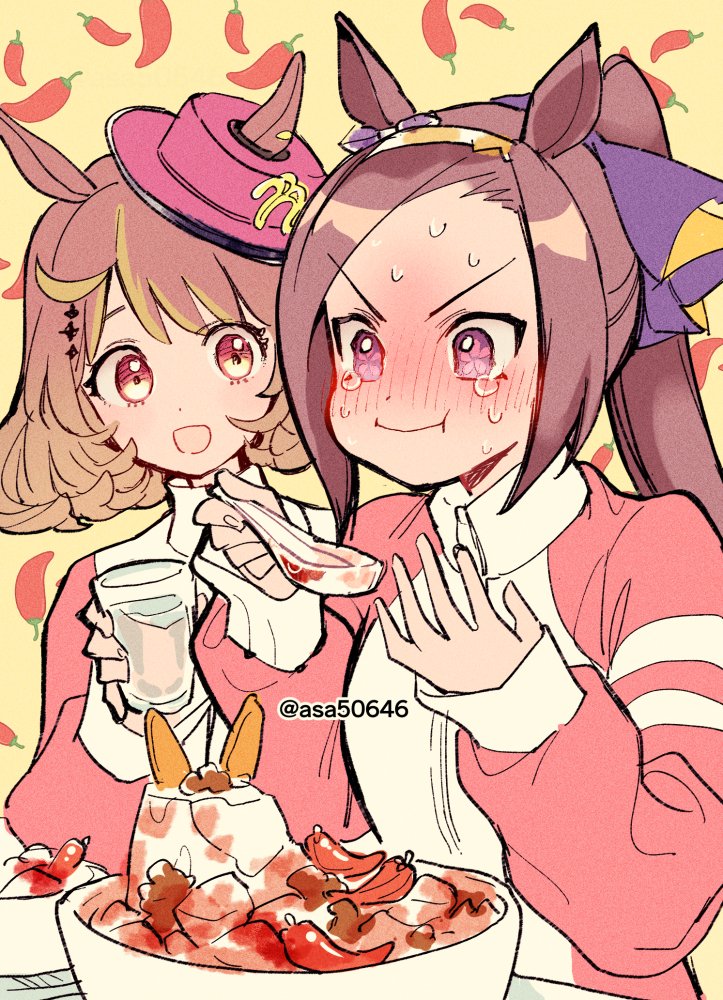 2girls, animal_ears, asa50646, bowl, chili_pepper, chinese_spoon, closed_mouth, commentary