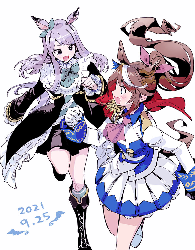2girls, animal_ears, asa50646, ascot, black_coat, black_footwear, black_skirt, blue_eyes, blush, boots, bow, bowtie, breasts, brown_hair, clenched_hand, coat, dated, ear_bow, epaulettes, gloves, green_socks, hair_bow, horse_ears, horse_girl, horse_tail, jacket, long_hair, long_sleeves, looking_at_another, mejiro_mcqueen_(umamusume), multicolored_hair, multiple_girls, open_mouth, pink_ascot, ponytail, purple_eyes, running, shirt, simple_background, single_epaulette, skirt, small_breasts, smile, socks, streaked_hair, striped_clothes, striped_shirt, tail, tokai_teio_(peak_joy)_(umamusume), tokai_teio_(umamusume), umamusume, white_background, white_footwear, white_gloves, white_jacket, white_skirt