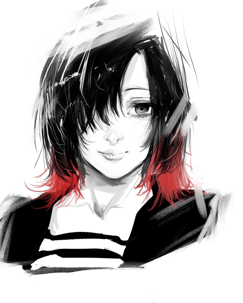 1girl, black_eyes, black_hair, collarbone, gradient_hair, highres, juujika_no_rokunin, light, light_smile, looking_at_viewer, medium_hair, messy_hair, multicolored_hair, official_art, one_eye_covered, portrait, red_hair, sailor_collar, sailor_shirt, shirt, shiryu_nakatake, suzuyama_reo, upper_body, white_background