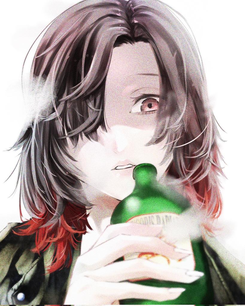 1girl, black_hair, bottle, gradient_hair, hand_on_own_hip, juujika_no_rokunin, light, light_smile, looking_at_viewer, medium_hair, messy_hair, multicolored_hair, official_art, one_eye_covered, open_mouth, red_eyes, red_hair, shirt, shiryu_nakatake, simple_background, suzuyama_reo, two-tone_hair, white_background