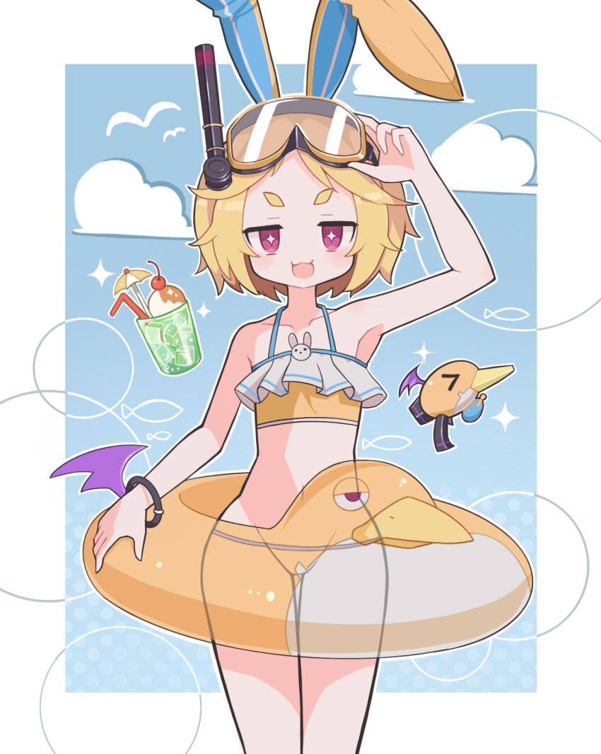 1girl, :3, animal_ears, arm_up, armpits, bare_shoulders, bat_wings, bikini, blonde_hair, blue_sky, bracelet, cloud, covered_groin, cup, disgaea, flat_chest, food, frilled_bikini, frills, goggles, goggles_on_head, gun, highres, holding, holding_floatie, holding_goggles, ice_cream, ice_cream_float, jewelry, jitome, light_blush, loli, looking_at_viewer, makai_senki_disgaea_5, navel, open_mouth, petite, pink_eyes, prinny, rabbit_ears, rabbit_ornament, short_eyebrows, sky, snorkel, solo, star-shaped_pupils, star_(symbol), straight-on, suaman, swimsuit, symbol-shaped_pupils, thick_eyebrows, thighs, usalia_(disgaea), weapon, wings