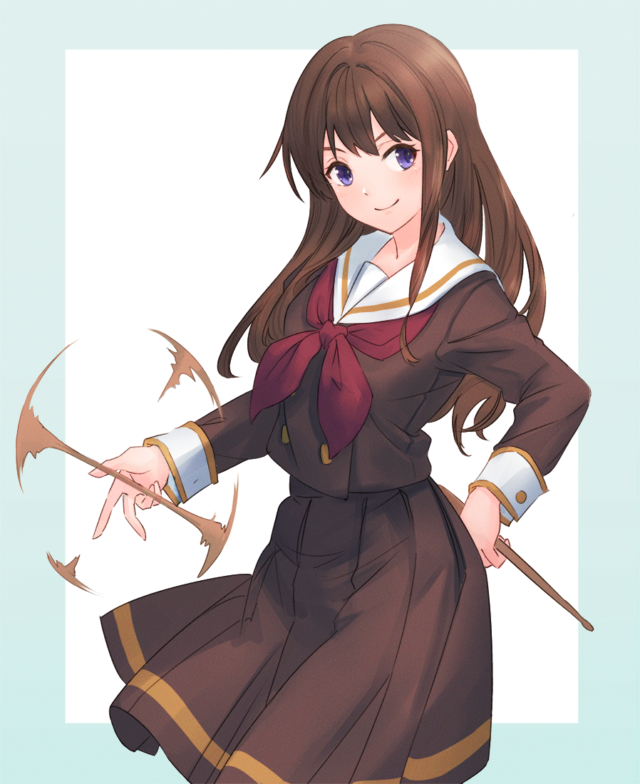 1777_kaki, 1girl, brown_hair, brown_shirt, brown_skirt, closed_mouth, drumsticks, hibike!_euphonium