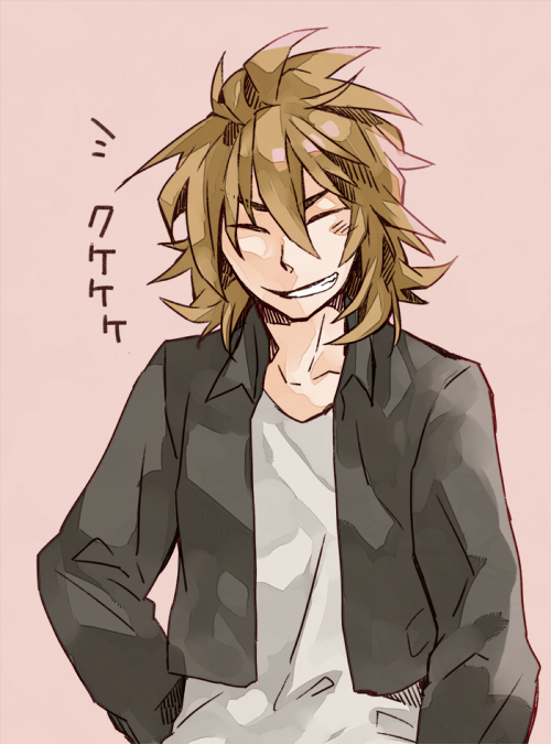 1boy, black_jacket, brown_hair, closed_mouth, commentary_request, cropped_jacket, facing_viewer, grin, hair_between_eyes, honey-cassis, isoi_reiji, jacket, long_sleeves, male_focus, medium_hair, open_clothes, open_jacket, saibou_shinkyoku, shirt, simple_background, smile, solo, translation_request, upper_body, v-shaped_eyebrows, white_shirt