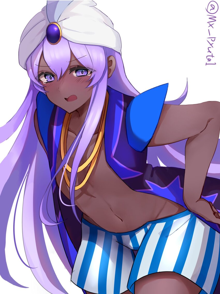 1boy, arabian_clothes, bent_over, blush, boxers, chain, cookie_run, cookie_run:_ovenbreak, dark-skinned_male, dark_skin, eyelashes, gold_chain, hair_between_eyes, hand_on_own_hip, highres, humanization, jewelry, long_hair, looking_at_viewer, male_focus, male_underwear, mx_pyuta1, navel, necklace, open_mouth, purple_eyes, purple_hair, solo, standing, striped_clothes, tearing_up, trap, turban, twitter_username, underwear, very_long_hair, white_background, yogurt_cream_cookie