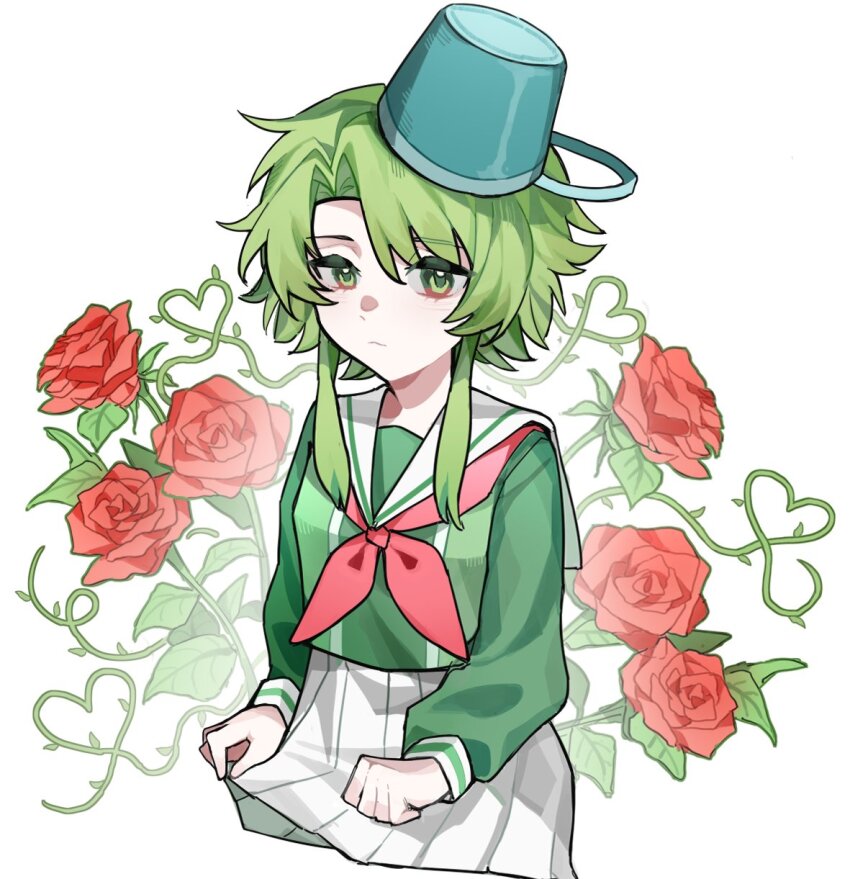 1005nemui, 1girl, bucket, bucket_on_head, closed_mouth, cowboy_shot, flower, green_eyes, green_shirt, highres, kimi_ga_shine, kizuchi_kanna, long_sleeves, looking_at_viewer, object_on_head, parted_bangs, puffy_long_sleeves, puffy_sleeves, red_flower, red_rose, rose, sailor_collar, school_uniform, serafuku, shirt, short_hair_with_long_locks, simple_background, skirt, solo, thorns, white_background, white_sailor_collar, white_skirt