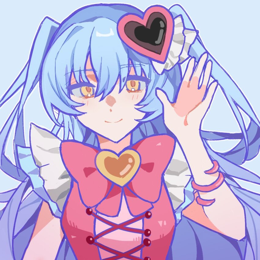 1005nemui, 1girl, armlet, blue_background, bow, bowtie, closed_mouth, dress, hair_ornament, hand_up, heart, heart_hair_ornament, jewelry, lobotomy_corporation, magical_girl, pink_bow, pink_bowtie, pink_dress, project_moon, queen_of_hatred, simple_background, smile, solo