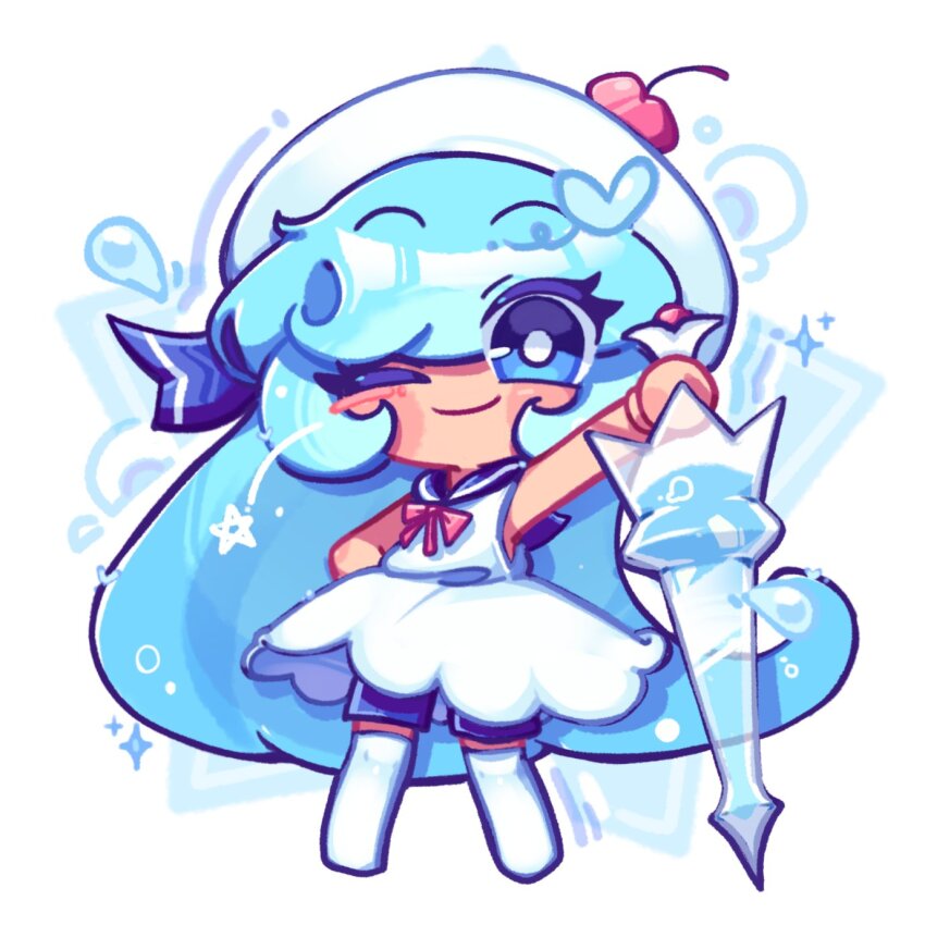 1girl, 9lfylqjnuann3vr, blue_eyes, blue_hair, blue_sailor_collar, blue_shorts, boots, cherry_hat_ornament, closed_mouth, cookie_run, cookie_run:_tower_of_adventures, cream_soda_cookie, dress, hat, highres, holding, holding_sword, holding_weapon, long_hair, looking_at_viewer, one_eye_closed, sailor_collar, shorts, simple_background, sleeveless, sleeveless_dress, smile, solo, sword, very_long_hair, weapon, white_background, white_boots, white_dress, white_hat