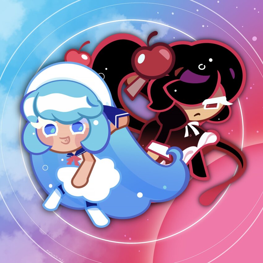2girls, black_dress, black_footwear, black_hair, blue_eyes, blue_hair, blue_sailor_collar, boots, cherry_cola_cookie, cherry_hair_ornament, cherry_hat_ornament, cookie_run, cookie_run:_ovenbreak, cookie_run:_tower_of_adventures, cream_soda_cookie, dress, food-themed_hair_ornament, frilled_dress, frills, hair_ornament, hat, high_ponytail, highres, juliet_sleeves, long_hair, long_sleeves, marscarhime, multiple_girls, neck_ribbon, official_style, parody, ponytail, puffy_sleeves, red_ribbon, ribbon, sailor_collar, sidelocks, sonic_(series), sonic_adventure_2, very_long_hair, white_dress, white_footwear, white_hat