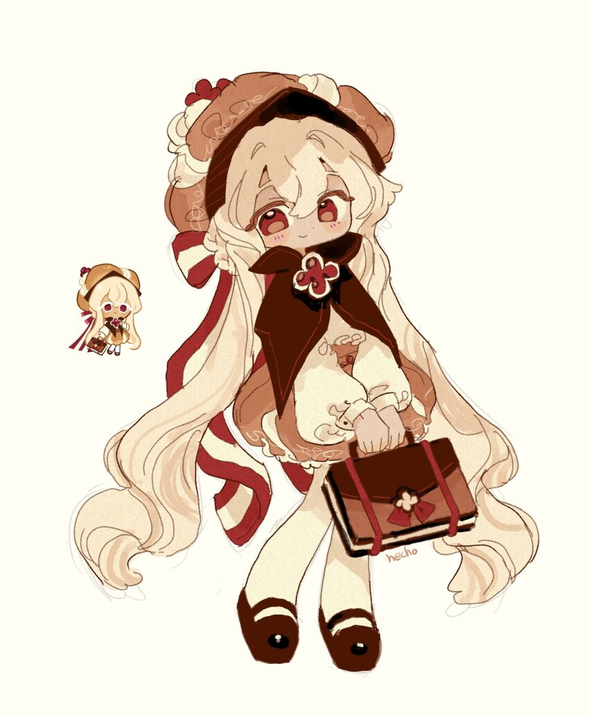 1girl, bag, blush, bow, braid, brooch, brown_capelet, brown_eyes, brown_hat, brown_shoes, brown_skirt, capelet, caramel_choux_cookie, closed_mouth, cookie_run, cookie_run:_kingdom, gem, hair_bow, hat, highres, holding, holding_bag, jewelry, long_hair, long_sleeves, looking_at_viewer, pantyhose, puffy_long_sleeves, puffy_sleeves, red_bow, red_gem, shirt, shoes, skirt, smile, solo, takawoyu, very_long_hair, white_hair, white_pantyhose, white_shirt