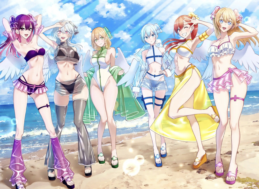 2.5_jigen_no_ririsa, 6+girls, abe_marina, amano_ririsa, armpits, arms_behind_head, beach, bikini, black_bikini, black_ribbon, blonde_hair, blue_hair, blue_ribbon, braid, breasts, cosplay, curvy, fake_wings, frilled_bikini, frills, full_body, green_ribbon, groin, hair_ribbon, hana_tsubaki_(2.5_jigen_no_ririsa), hand_on_own_hip, hashimoto_yuu, highleg, highleg_leotard, highres, kisaki_aria, large_breasts, leotard, looking_at_viewer, multicolored_hair, multiple_girls, navel, noa_(2.5_jigen_no_ririsa), ocean, official_art, one_eye_closed, outdoors, pink_hair, ponytail, purple_bikini, purple_hair, purple_ribbon, red_eyes, red_hair, red_ribbon, ribbon, sandals, see-through_clothes, sideboob, skindentation, small_breasts, smile, stomach, swimsuit, tachibana_mikari, teeth, thigh_strap, thighs, toes, two-tone_hair, v, water, white_bikini, white_hair, white_leotard, wide_hips, wings, wink, yellow_ribbon