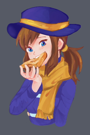 1girl, a_hat_in_time, aged_up, blue_eyes, blush, bread, bread_slice, breasts