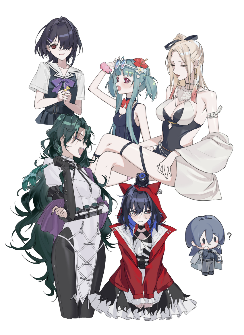 3shine_02, 6+girls, :d, ?, absurdres, adjusting_eyewear, aged_down, anger_vein