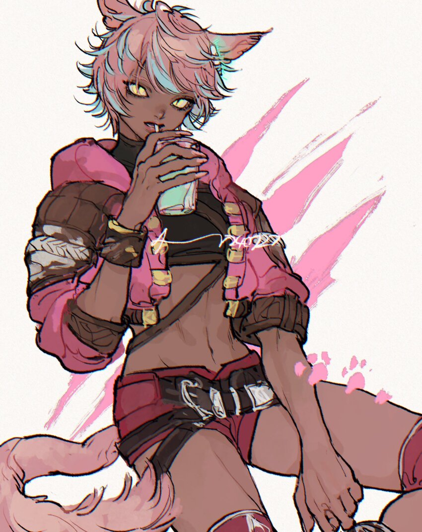 1girl, animal_ears, belt, cat_ears, cat_girl, commentary, cowboy_shot, crop_top