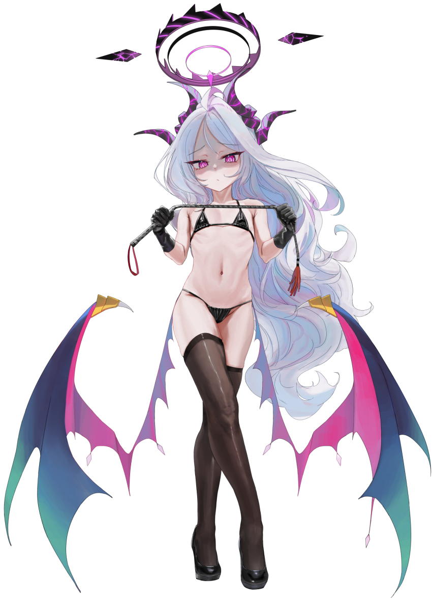 1girl, ahoge, bare_shoulders, bikini, black_bikini, black_gloves, blue_archive, breasts