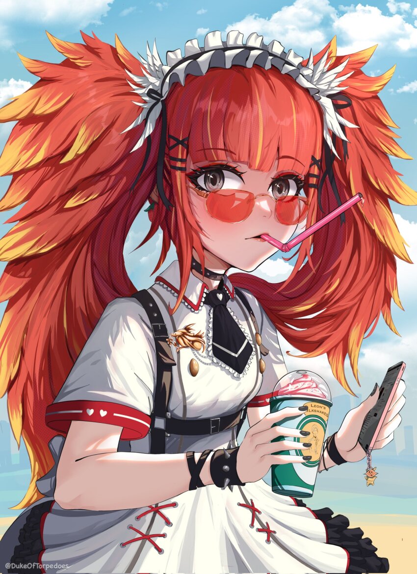 1girl, baby_mimi, black_choker, black_nails, black_necktie, blonde_hair, blue_sky, bond_en, breasts, brown_eyes, cellphone_charm, charm_(object), chest_harness, choker, cloud, commentary, dress, drink, drinking_straw, drinking_straw_in_mouth, dukeoftorpedoes, english_commentary, english_text, eyelashes, eyeshadow, frilled_dress, frills, hair_ornament, hairclip, harness, heart, highres, holding, holding_drink, holding_phone, maid_headdress, makeup, multicolored_hair, nail_polish, necktie, phone, red-tinted_eyewear, red_eyeshadow, red_hair, sky, solo, spiked_choker, spikes, streaked_hair, sunglasses, tinted_eyewear, twintails, two-tone_hair, virtual_youtuber, white_dress, x_hair_ornament