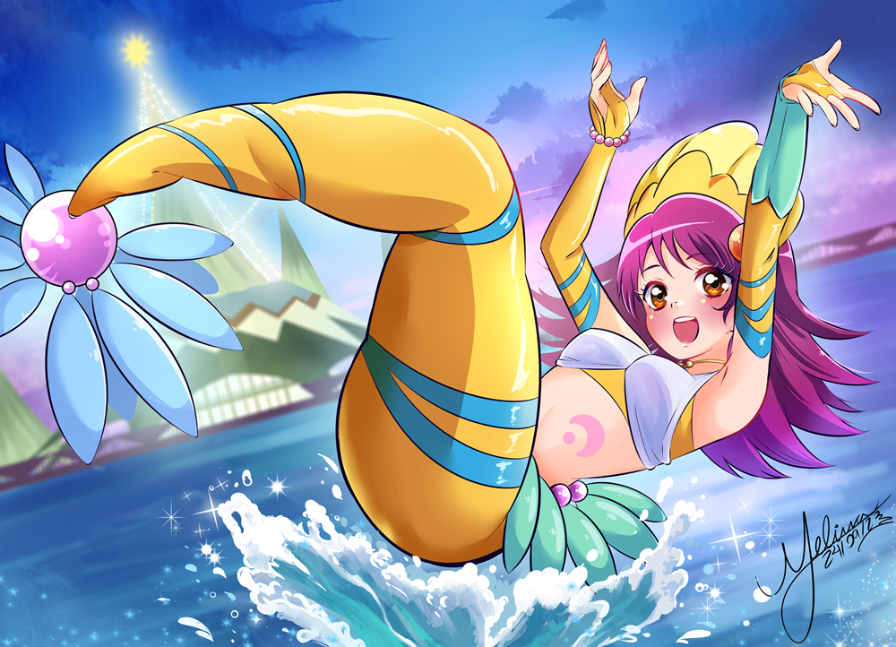 1girl, artist_name, bandeau, bridal_gauntlets, brown_eyes, commentary, dated, english_commentary, glowing, halterneck, kaleido_star, long_hair, looking_at_viewer, mel-chan, mermaid, midair, monster_girl, monsterification, naegino_sora, night, open_hands, open_mouth, purple_hair, sky, smile, solo, splashing, yellow_bandeau