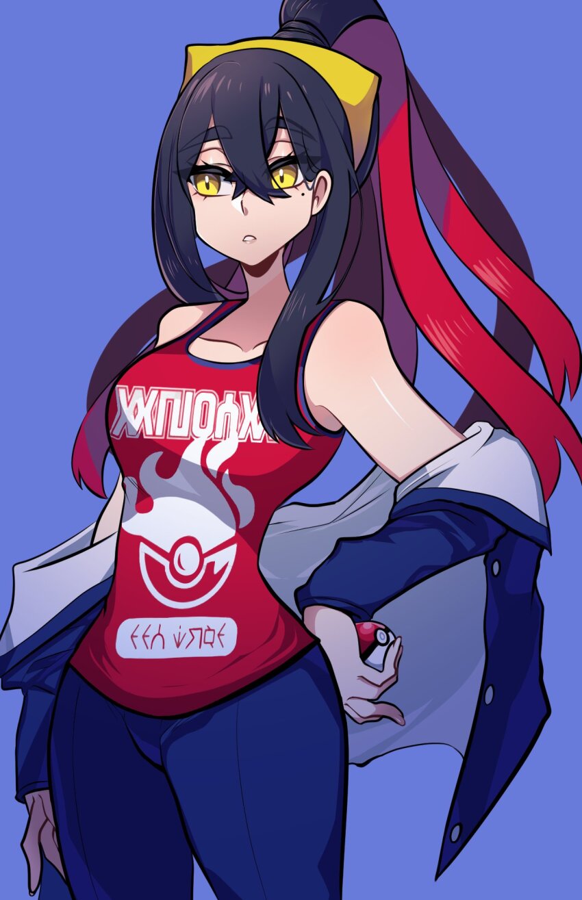 1girl, black_hair, blue_jacket, blue_pants, blueberry_academy_school_uniform, breasts, carmine_(pokemon), colored_inner_hair, cosplay, crossed_bangs, curvy, eyelashes, hair_between_eyes, hairband, hand_on_own_hip, high_ponytail, highres, holding, holding_poke_ball, jacket, jacket_on_shoulders, kieran_(pokemon)_(cosplay), long_hair, long_sleeves, looking_to_the_side, missandydandy, mole, mole_under_eye, multicolored_hair, nintendo, pants, poke_ball, poke_ball_(basic), pokemon, pokemon_scarlet_and_violet, ponytail, red_hair, red_tank_top, school_uniform, solo, tank_top, two-tone_hair, wide_hips, yellow_eyes