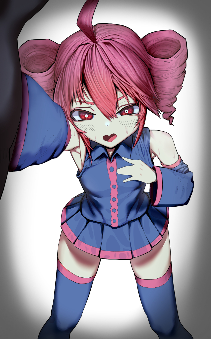 1girl, ahoge, black_shirt, black_skirt, buttons, detached_sleeves, drill_hair, foreshortening