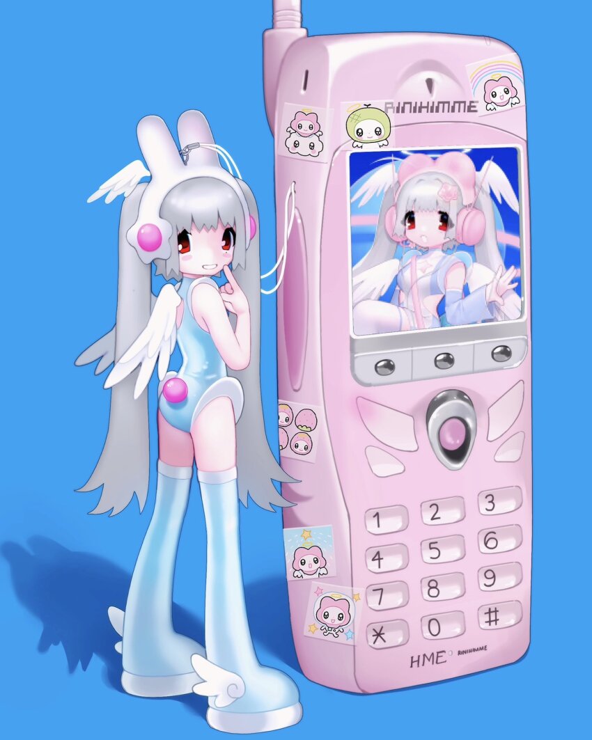 1girl, angel_wings, animal_ear_headphones, animal_ears, apollo_(rinihimme), ass, blue_background, blue_boots