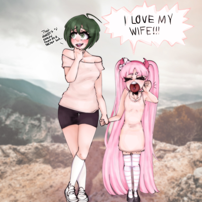 !, 2girls, age_difference, black_footwear, black_shorts, blush, bow, breasts, cleavage, collarbone, danganronpa_(series), danganronpa_another_episode:_ultra_despair_girls, dress, english_text, eyelashes, fake_horns, female_focus, full_body, green_eyes, green_hair, hairband, headband, highres, holding_hands, horned_headwear, horns, imaginaryiand, kneehighs, loli, long_hair, mesugaki, multicolored_thighhighs, multiple_girls, naegi_komaru, onee-loli, open_mouth, photo_background, pink_hair, pink_hairband, pink_headband, pink_horns, shirt, short_sleeves, shorts, shouting, socks, speech_bubble, standing, striped_clothes, striped_thighhighs, teeth, thighhighs, tongue, twintails, upper_teeth_only, utsugi_kotoko, white_bow, white_dress, white_footwear, white_shirt, yuri