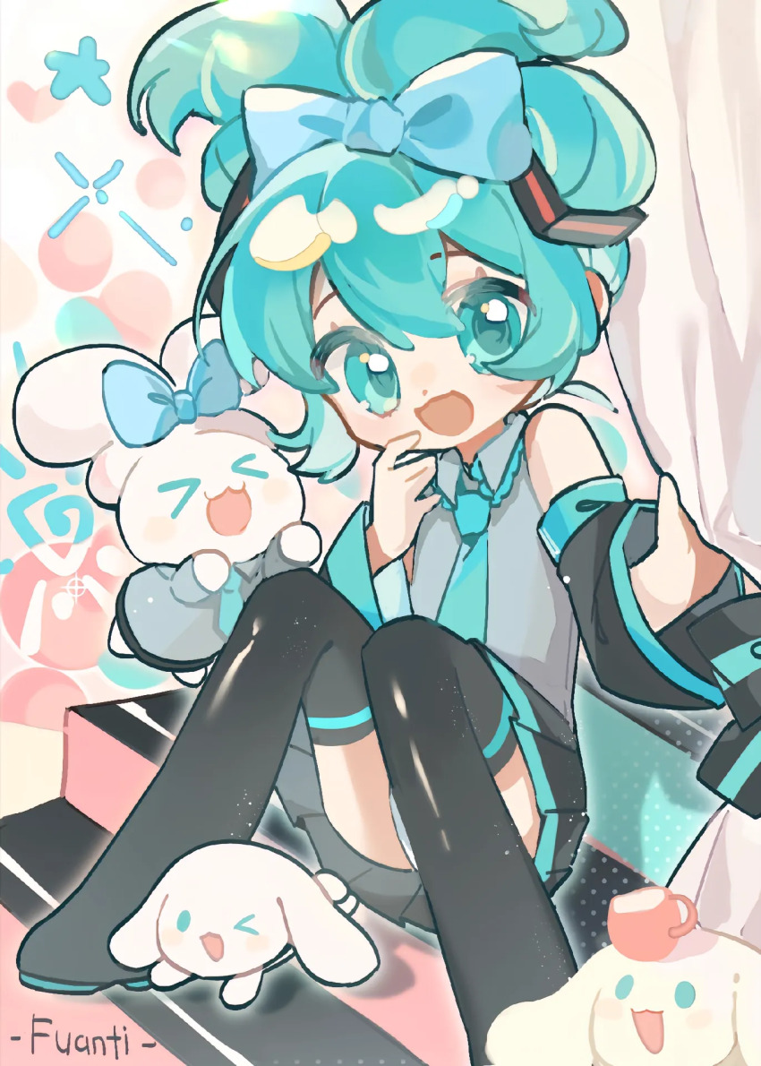 1boy, 1girl, animal_ears, aqua_eyes, aqua_hair, aqua_necktie, black_skirt, bow