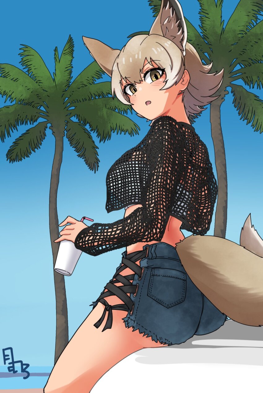 1girl, aatsiol_uuk, alternate_costume, animal_ears, black_shirt, blonde_hair, casual, coyote_(kemono_friends), crop_top, denim, denim_shorts, drink, extra_ears, fishnet_top, fishnets, hair_between_eyes, highres, kemono_friends, long_hair, long_sleeves, mesh, midriff, multicolored_hair, palm_tree, shirt, short_shorts, shorts, shorts_ribbon, sidelocks, sitting, solo, tail, tree, white_hair, wolf_ears, wolf_girl, wolf_tail, yellow_eyes