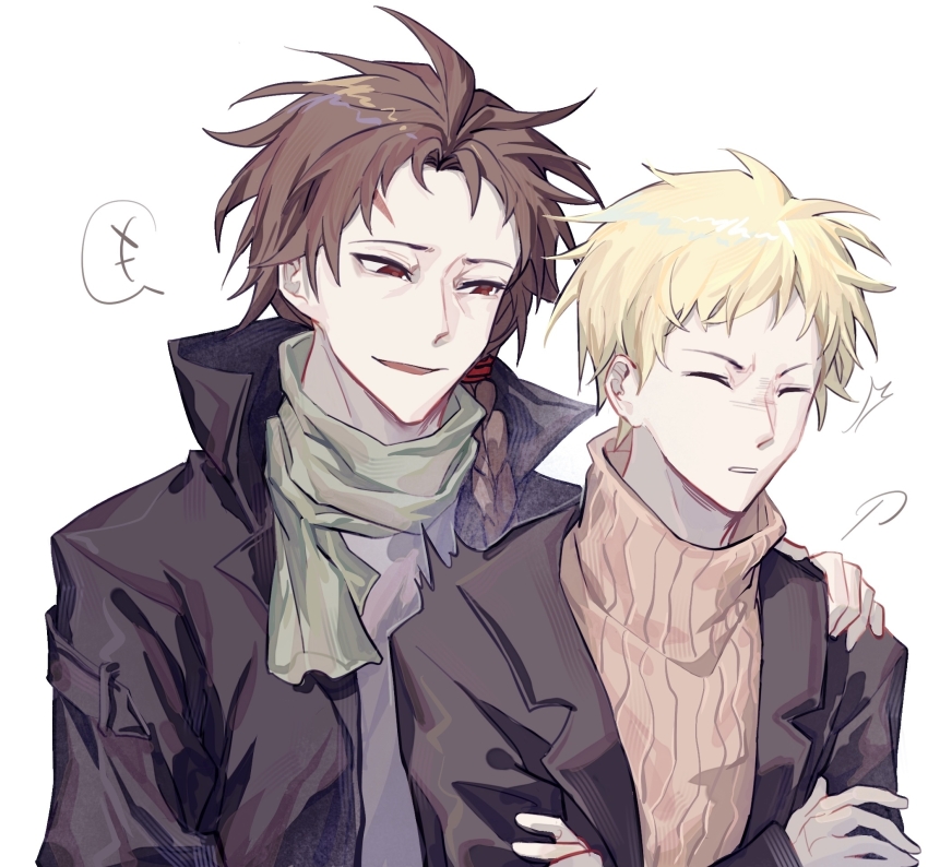 +++, 2boys, ^^^, atou_haruki, black_jacket, blonde_hair, braid, brown_sweater