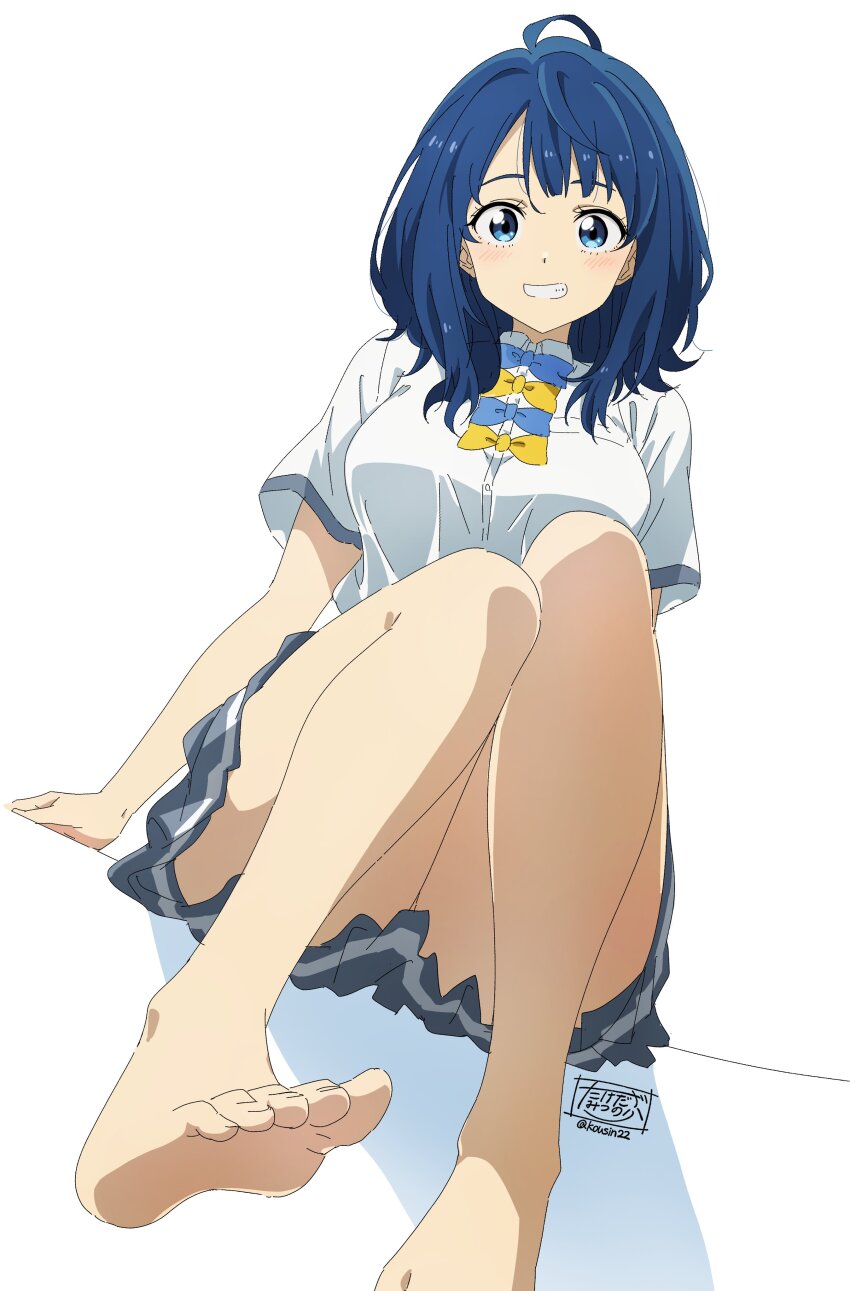 1girl, :d, absurdres, ahoge, arms_at_sides, bare_legs, barefoot, black_skirt, blue_bow, blue_eyes, blue_hair, blush, bow, breasts, collared_shirt, dot_nose, dutch_angle, feet, foot_focus, foot_up, from_below, grin, highres, knees_together_feet_apart, kousin, large_breasts, long_hair, looking_at_viewer, make_heroine_ga_oo_sugiru!, medium_hair, miniskirt, open_mouth, pleated_skirt, school_uniform, shadow, shirt, sidelocks, signature, simple_background, sitting, skirt, smile, soles, solo, teeth, toes, twitter_username, white_background, white_shirt, yanami_anna, yellow_bow