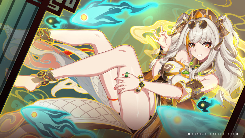 1girl, anklet, bare_shoulders, barefoot, bell, blonde_hair, breasts, brown_hat, copyright_name, diamond-shaped_pupils, diamond_(shape), dress, eyewear_on_head, hair_bell, hair_ornament, hand_on_own_thigh, hat, highres, honkai_(series), honkai_impact_3rd, jewelry, large_breasts, legs, long_hair, looking_at_viewer, multicolored_hair, nail_polish, official_alternate_color, official_alternate_costume, official_art, official_wallpaper, orange_hair, red_nails, red_pupils, smile, solo, songque, songque_(jovial_deception:_shadowdimmer), streaked_hair, sunglasses, symbol-shaped_pupils, thumb_ring, two_side_up, yellow_dress, yellow_eyes