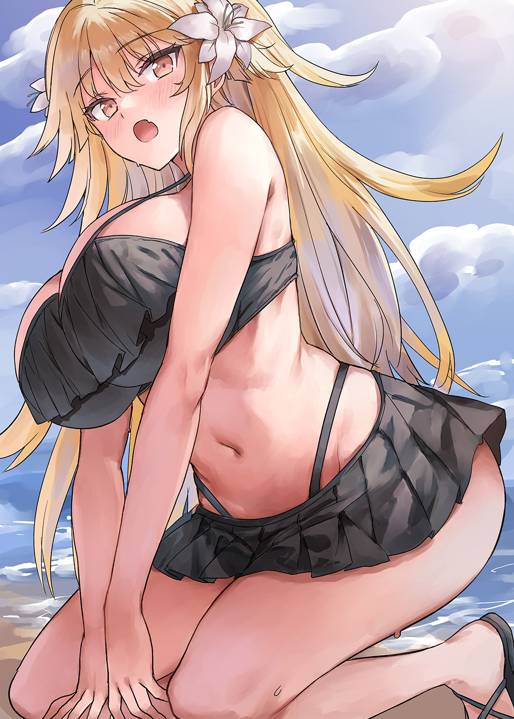 1girl, beach, bikini, black_bikini, black_sandals, blonde_hair, blue_sky, blush, breasts, brooklyn_(kancolle), brooklyn_(swimsuit)_(kancolle), brown_eyes, cloud, day, fang, flower, hair_between_eyes, hair_flower, hair_ornament, highres, huge_breasts, kantai_collection, long_hair, looking_at_viewer, mizuta_kenji, open_mouth, outdoors, sandals, sitting, skin_fang, sky, solo, sweat, swimsuit, very_long_hair, white_flower