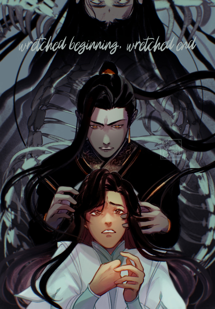 3boys, animal_skeleton, artist_name, black_hair, black_hanfu, bone, brown_eyes, brown_hair