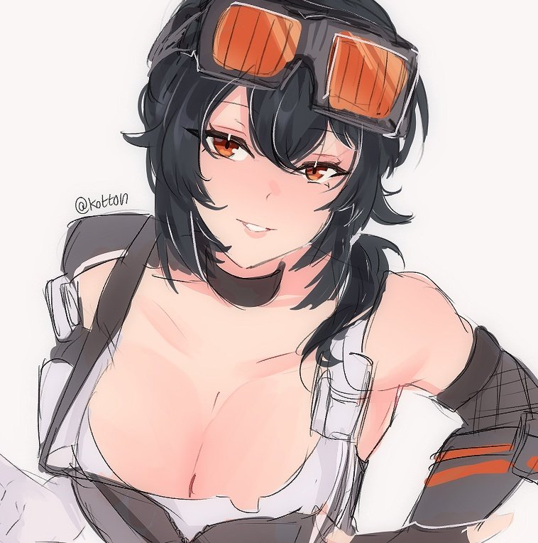 1girl, black_hair, breasts, cleavage, eyewear_on_head, grace_howard, large_breasts, looking_at_viewer