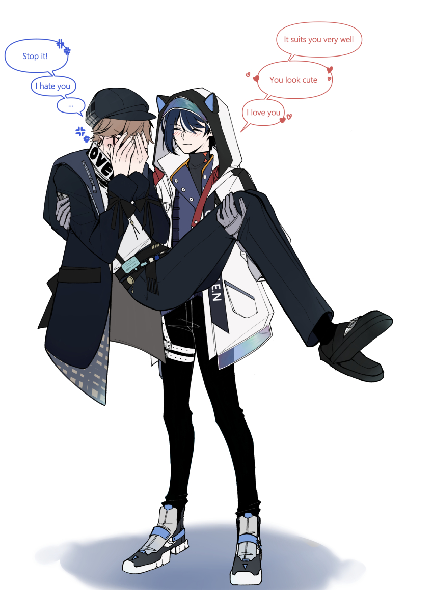 2boys, absurdres, blush, carrying, commandant_(pgr), covering_face, dochikun, embarrassed