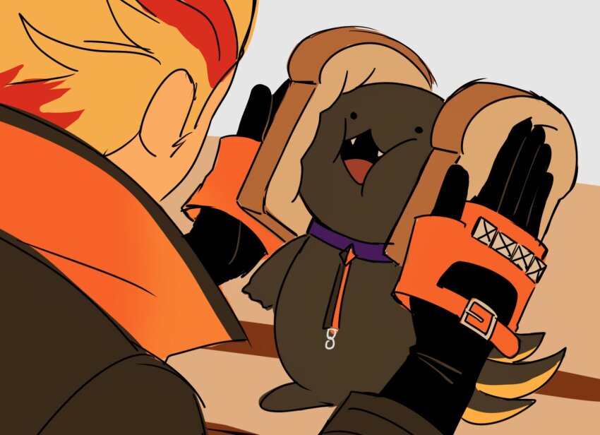 1boy, 2w46713, axel_syrios, axelotl_(axel_syrios), axolotl, black_gloves, blonde_hair, bread