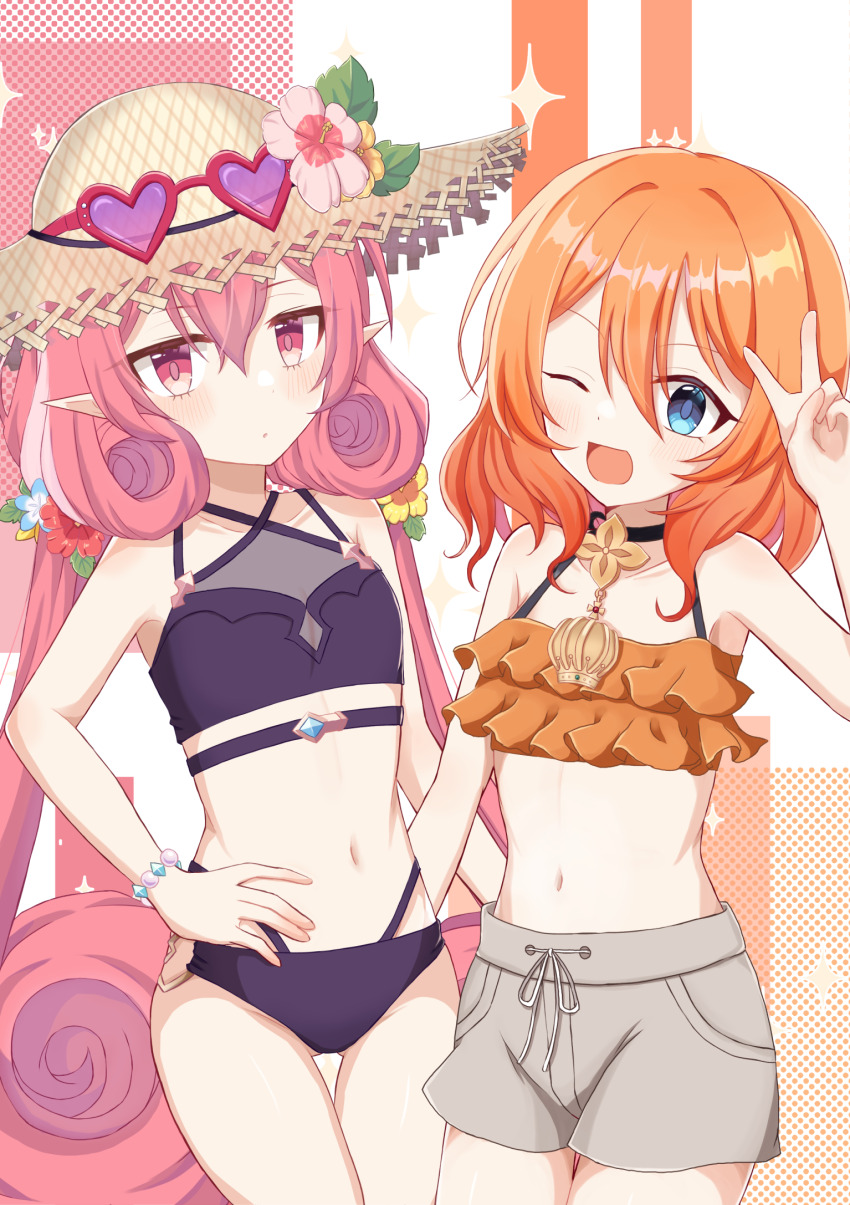 2girls, bead_bracelet, beads, bikini, blue_eyes, blush, bracelet, brown_shorts, cowboy_shot, eyewear_on_headwear, flat_chest, flower, flower_hairband, frilled_bikini, frills, hand_on_own_hip, hat, heart, heart-shaped_eyewear, heart_o-ring, highres, jewelry, muimi_(princess_connect!), multiple_girls, navel, neneka_(princess_connect!), neneka_(summer)_(princess_connect!), o-ring, one_eye_closed, open_mouth, orange_bikini, orange_hair, pink_eyes, pink_hair, princess_connect!, purple-tinted_eyewear, purple_bikini, pypy707, shorts, straw_hat, swimsuit, tinted_eyewear, v