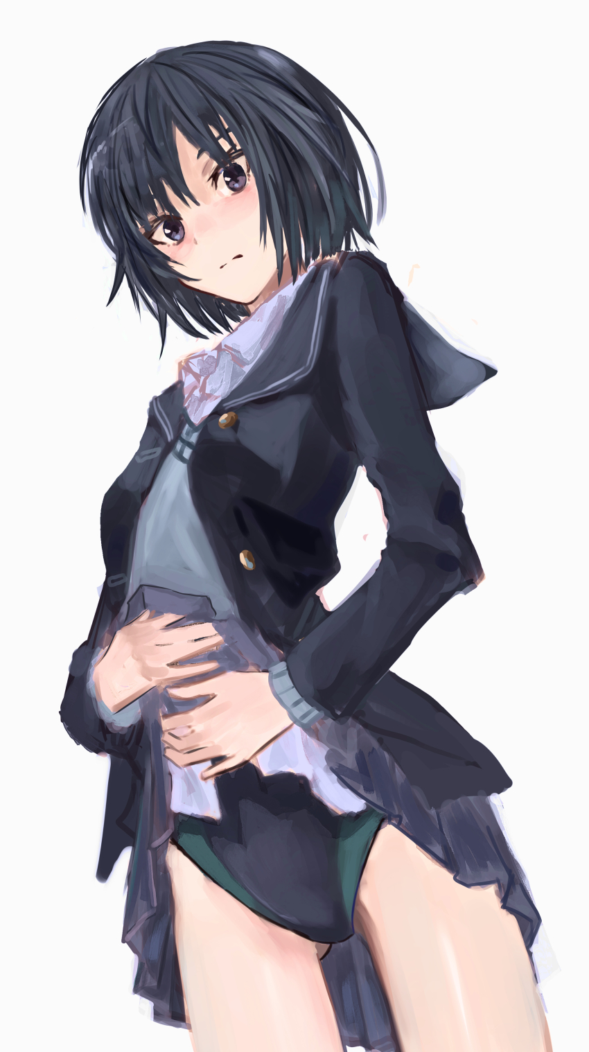 1girl, absurdres, amagami, aqua_one-piece_swimsuit, black_hair, black_jacket, black_one-piece_swimsuit, black_sailor_collar, blazer, blush, breasts, brown_eyes, closed_mouth, clothes_lift, cokei, collared_shirt, commentary, competition_school_swimsuit, competition_swimsuit, expressionless, flashing, from_below, from_side, gluteal_fold, grey_skirt, grey_sweater, highres, jacket, lifting_own_clothes, light_blush, long_sleeves, looking_at_viewer, looking_down, looking_to_the_side, nanasaki_ai, nose_blush, one-piece_swimsuit, open_clothes, open_jacket, pleated_skirt, sailor_collar, school_swimsuit, shirt, short_hair, simple_background, skirt, skirt_lift, small_breasts, solo, sweater, swimsuit, swimsuit_under_clothes, thigh_gap, two-tone_one-piece_swimsuit, white_background, white_shirt