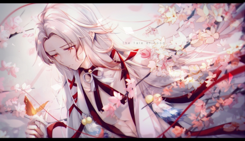 1boy, black_border, border, branch, bug, butterfly, butterfly_on_hand, cherry_blossoms, chinese_clothes, choker, closed_mouth, colored_tips, copyright_name, curtained_hair, falling_petals, flower, frown, hair_ribbon, insect, letterboxed, long_hair, looking_at_animal, male_focus, meng_po_tea_(the_tale_of_food), multicolored_hair, nana895, open_clothes, open_robe, orange_butterfly, parted_bangs, pectoral_cleavage, pectorals, petals, pink_flower, red_choker, red_eyes, red_hair, red_ribbon, ribbon, robe, solo, the_tale_of_food, tress_ribbon, white_background, white_hair, white_robe